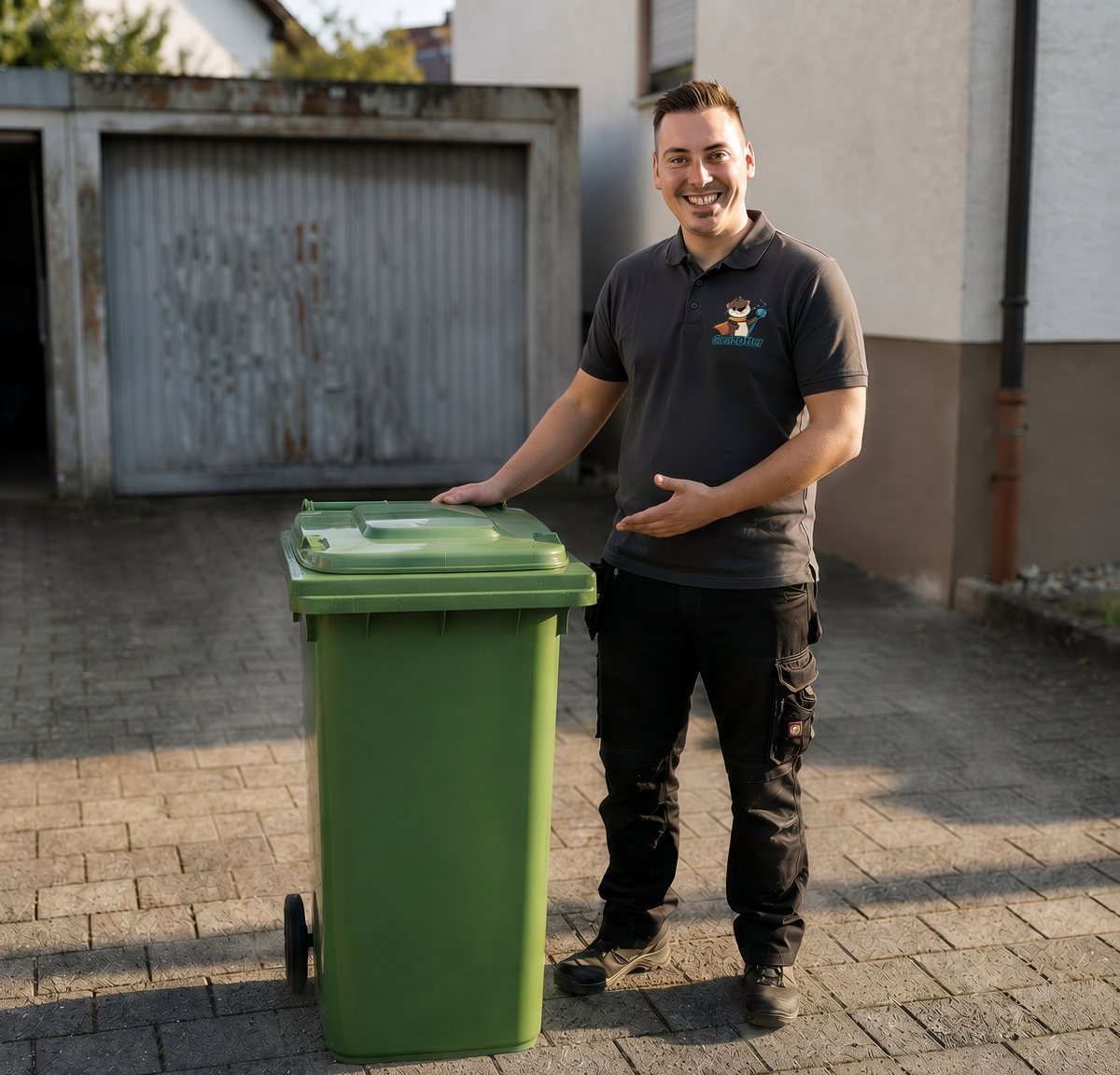 Hajo Philipp, Inhaber von GlanzOtter, mit frisch gereinigter Tonne in Tübingen-Unterjesingen